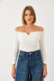 Women's White Gathered Collar Crop Knitted Blouse 60261062 - 4