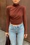 Brown Half Turtleneck and Waist Draped Women's Blouse Crop - 4