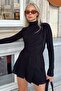 Black Half Turtleneck and Waist Draped Women's Blouse Crop