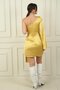 Women's Spanish One Sleeve Waist Knotted Lined Satin Short Dress - 4