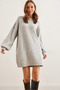 Women Gray Crew Neck Balloon Sleeve Soft Textured Knitwear Tunic Dresselb- 19001802
