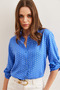 Women's Cobalt Blue Sleeve Fold Polka Dot Shirtgml- 19000348 - 3