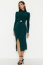 Emerald Green Fitted/Slim Fit Stand Collar Belted Stretch Midi Knitted Dress Twoaw22El0434 - 3