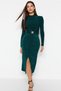 Emerald Green Fitted/Slim Fit Stand Collar Belted Stretch Midi Knitted Dress Twoaw22El0434 - 5