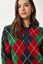 Women's Navy Blue Green Diamond Patterned Knitwear Sweater Fn03447 - 3