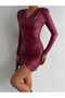 V-Neck Padded Shoulder Side Back Smocking Detail Asymmetrical Hem Long Sleeve Slim Leather Mini Dress - 3
