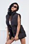 Women's Black Puffer Vest with Elastic Waist - 3