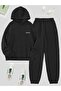 California Lettered Sweatshirt Jogger Set - Black Printed Oversized Hoodie
