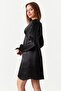 Women's V Neck Button Detail Balloon Sleeve Satin Dress - 3