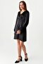 Women's V Neck Button Detail Balloon Sleeve Satin Dress