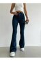 Dark Blue Flare Leg Denim Pants High Waist Flare Jeans Gathering - 4