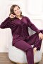 Women's Front Button Velvet Lace Collar Detailed Purple Pajamas Set - 3