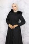 1051 Model - Black Long Bondit Coat with Plush Neckline and Fur Detail - 2