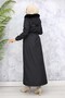 1051 Model - Black Long Bondit Coat with Plush Neckline and Fur Detail - 7