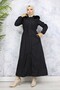 1051 Model - Black Long Bondit Coat with Plush Neckline and Fur Detail - 5