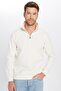 Unisex Relax Fit Relax Cut Corded Patterned Cotton Half Zipper Ecru Stand Collar Sweatshirt - 2