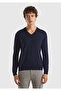 Men's Navy Blue V-Neck 100% Merino Sweater