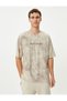 Oversize T-Shirt with Batik Look Slogan Embroidered Crew Neck - 3