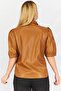 Women Spread Collar Puffed Sleeve Faux Leather Blouse, Tan - 2