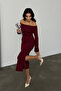 Women's Burgundy Carmen Collar Slit Detail Midi Length Basic Knitted Dress