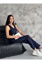 Women's Navy Blue Palazzo Pants Buttoned Short Cropped Vest Two-Piece Striped Set