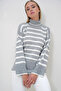 Women's Gray Striped High Top Oversize Trend Sweater with Side Slits - 6