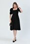 Flexible Crepe Fabric Short Sleeve Square Neck Midi Length Flared Cut Black Dress 080 - 8
