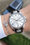 Women's Black Leather Strap Wrist Watch with Rhinestone Bracelet Gift