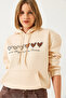 Women's Beige Three Threaded Colorful Heart Printed Hooded Sweatshirt Mbhs025 60601025 - 2