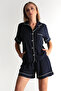 Navy Blue Short Sleeve Women's Shorts Pajama Suit - 8