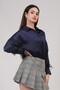 Oversize Model Sleeve Feather Detail Navy Blue Satin Shirt - 3