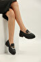 Black Leather Pearl Buckle Detail Women's Loafer Sole Stitched - 2