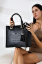 Black Women's Snake and Crocodile Pattern Large Size Arm and Shoulder Bag with Side Straps and Handle Detail and Internal Compartments