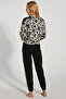 Women's Leaf Print Pajamas Set with Zippered Sleeves and Elastic Legs - 4