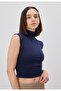Women's Navy Blue Color Half Throat Zero Sleeve Blouse