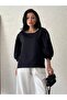 Black Crepe Balloon Sleeve Crew Neck Blouse