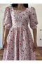 Pink Flared Seersucker Dress - Multi Floral, Square Collar - 3