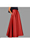 Women's Red High Waist Maxi Long A-line Pleated Satin Skirt with Pockets