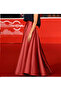 Women's Red High Waist Maxi Long A-line Pleated Satin Skirt with Pockets - 3