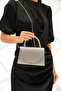 Women's Silver Fabric Evening Dress Stone Detailed Handle Chain Strap Evening Bag