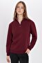 Unisex Relax Fit Comfortable Cut Cotton Fleece-Lined Half-Zip Burgundy Mock Neck Sweatshirt - 4