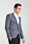 Convertible Men's Navy Blue-Grey Plaid Patterned Slim Fit Mono Collar Blazer Jacket - 4