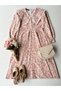 Vintage Powder Pink Long-Sleeve Collared Floral Print Flared Women's Dress