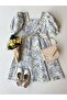 Blue Pastel Floral Patterned Flared Mother-Daughter Dress Combination - 2