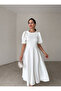 White Crew Neck Balloon Sleeve Flared Midi Length Premium Dress