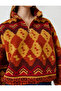 Plush Sweatshirt Ethnic Patterned Long Sleeve with Zipper Collar - 5