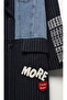Navy blue long coat with embroidered denim detail - 2