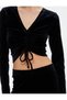 Crop Velvet T-Shirt Long Sleeve V-Neck Gathered - 6