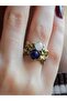 Double Natural Stone Flower Motif Antique Women's Adjustable Ring Moonstone Lapis Euy22Al - 3