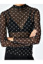 Polka Dot Print Long Sleeve Stand Collar Sheer Tulle T-Shirt - 5
